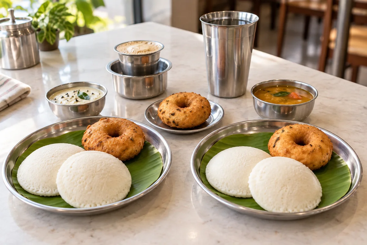 Two idli-and-vada breakfast plates, an extra vada and two different drink tumblers in a bright tiffin setting