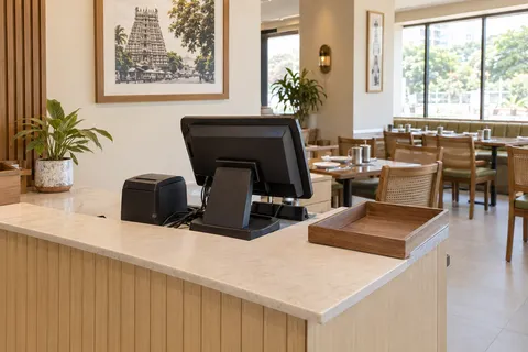 Organised restaurant billing counter with a POS terminal and receipt printer
