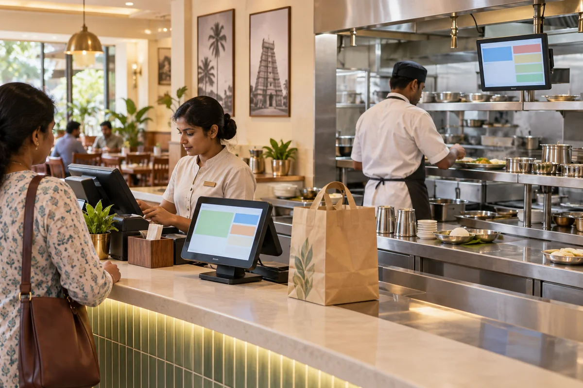 Bright restaurant counter with a guest-facing screen and a separate monitor by the kitchen pass