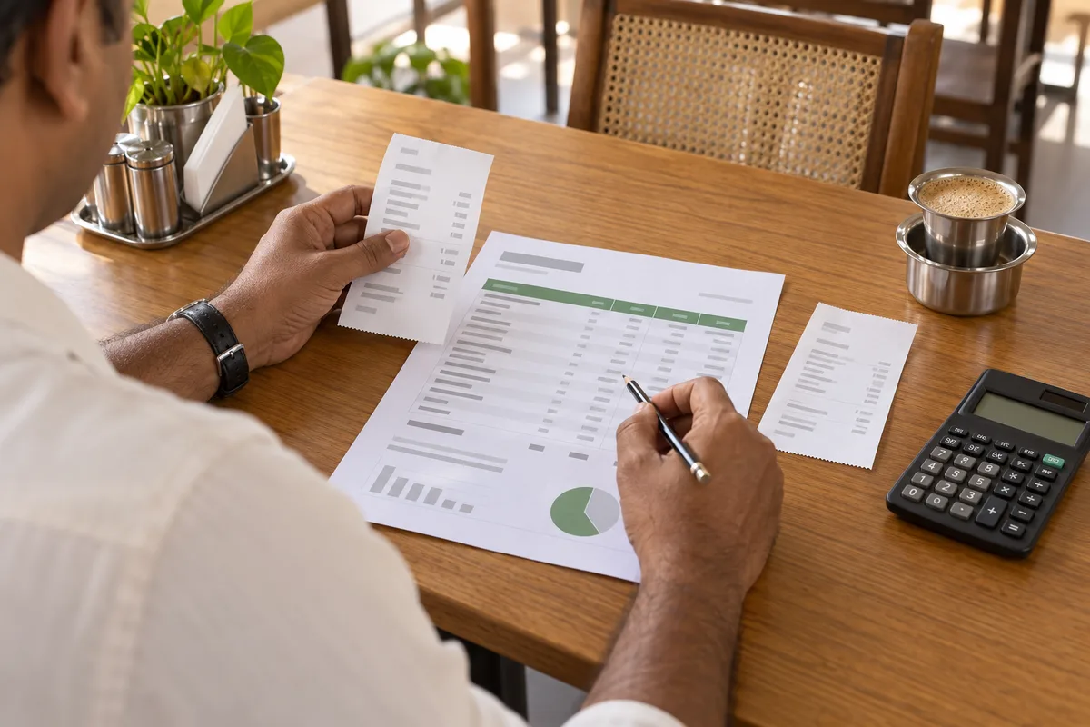 Illustrative restaurant manager comparing two receipts with a printed report at a sunlit table