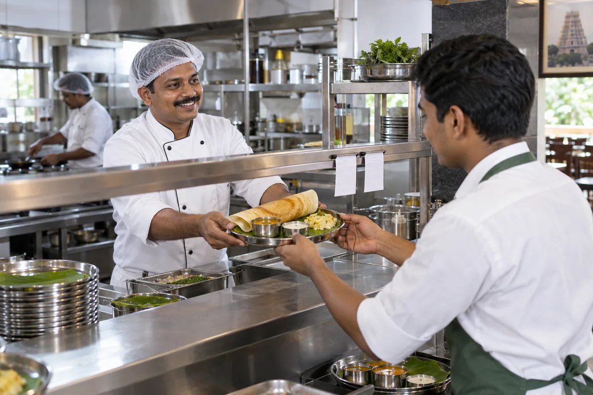 Chef handing a prepared meal to a server at a bright restaurant kitchen pass