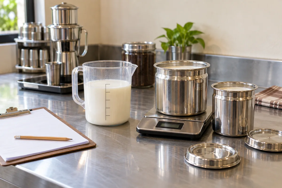 Illustrative cafe ingredient count with milk jug, steel containers, scale and blank stock sheet