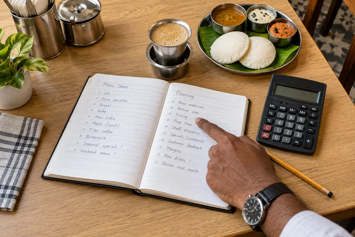 Menu planning notebook, calculator, filter coffee and breakfast dishes on a restaurant table