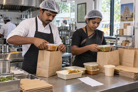 Restaurant staff checking separate takeaway meals before packing
