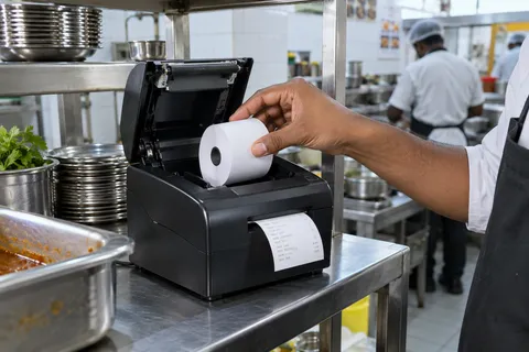 Paper roll being loaded into a kitchen order ticket printer