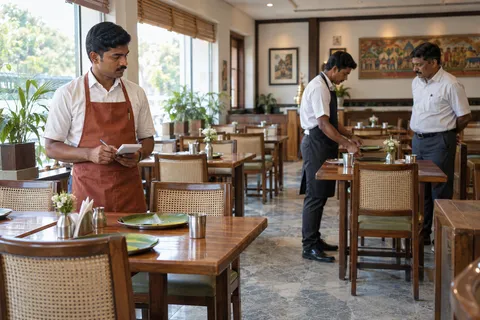 Restaurant staff rehearsing table service in a bright dining room