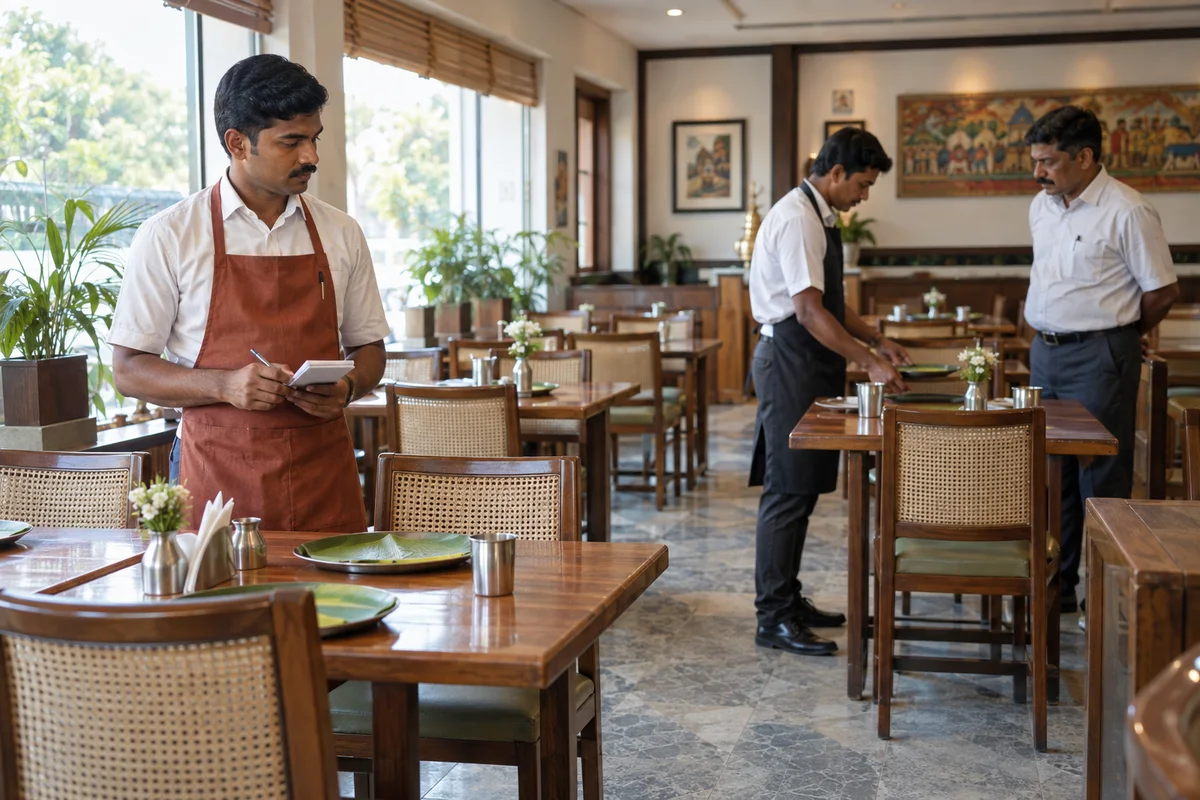 Restaurant staff rehearsing table service in a bright dining room