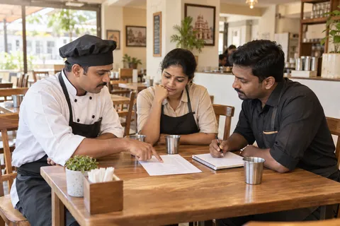 Restaurant team discussing a checklist together before opening