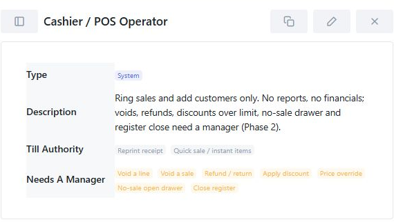 Actual software demo showing the Cashier / POS Operator role summary, till authority and actions listed as needing a manager