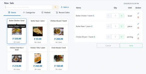Actual DeccanPro demonstration screen for restaurant order entry and item selection