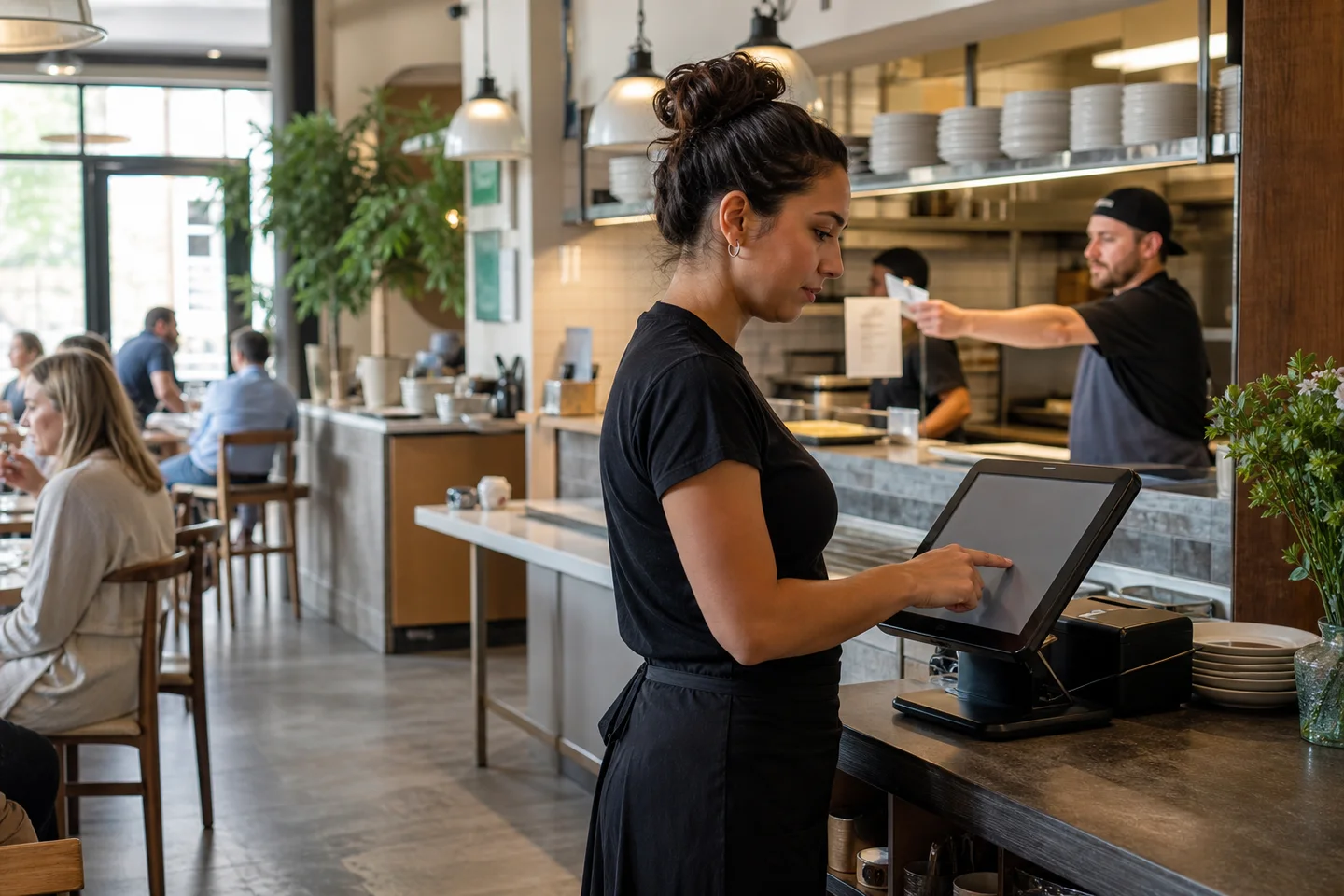 Server entering a restaurant order beside a kitchen handoff
