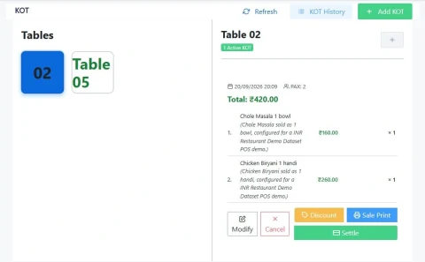 DeccanPro demo screen showing restaurant tables and the kitchen ticket workflow