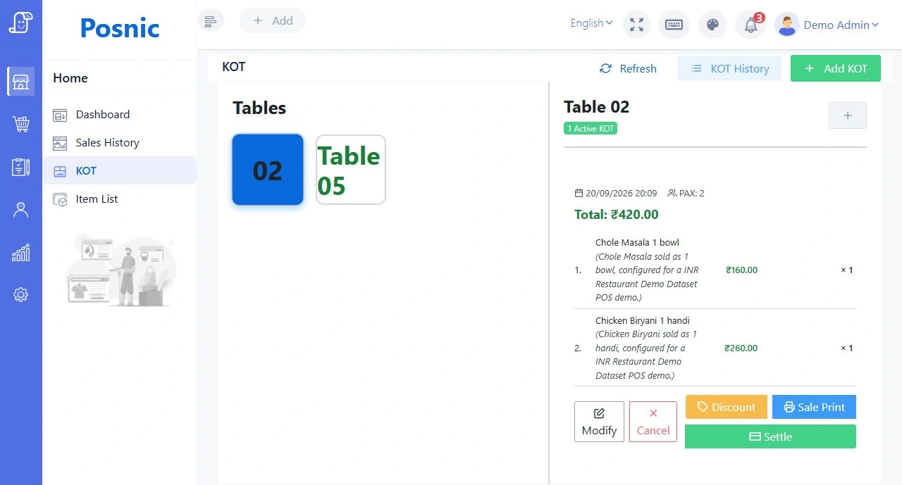 Actual table and KOT screen with an open restaurant order